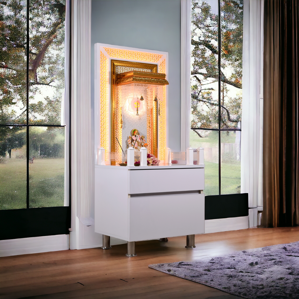 White Glossy Wooden Pooja Mandir for Flats Home with Storage and Lighting