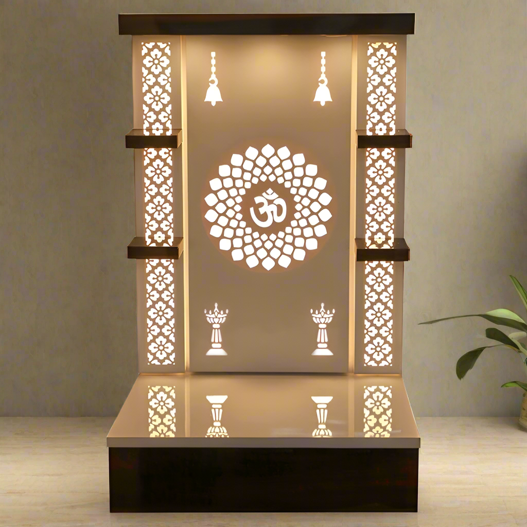 Pooja Mandir Wooden Temple White LED Light for Home and Office - Modern Pooja Mandir with Backlit Om Design, Wooden Accents, and Jaali Work for Home