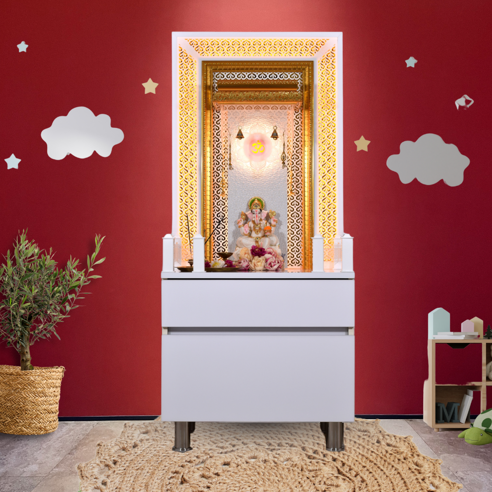 White Glossy Wooden Pooja Mandir for Flats Home with Storage and Lighting