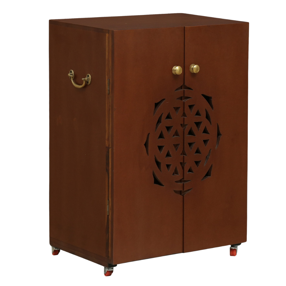Brown MDF & Sheesham Wood Floor Rested Mandir With Door