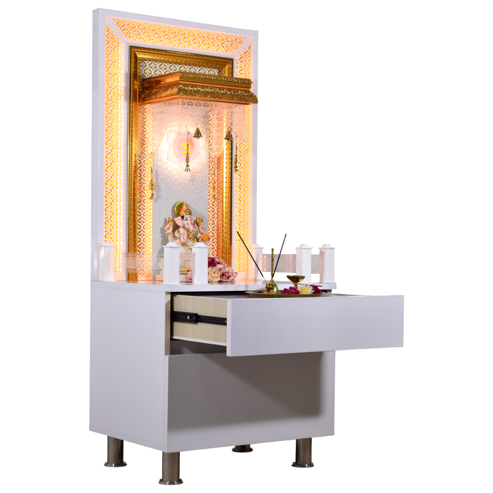 White Glossy Wooden Pooja Mandir for Flats Home with Storage and Lighting