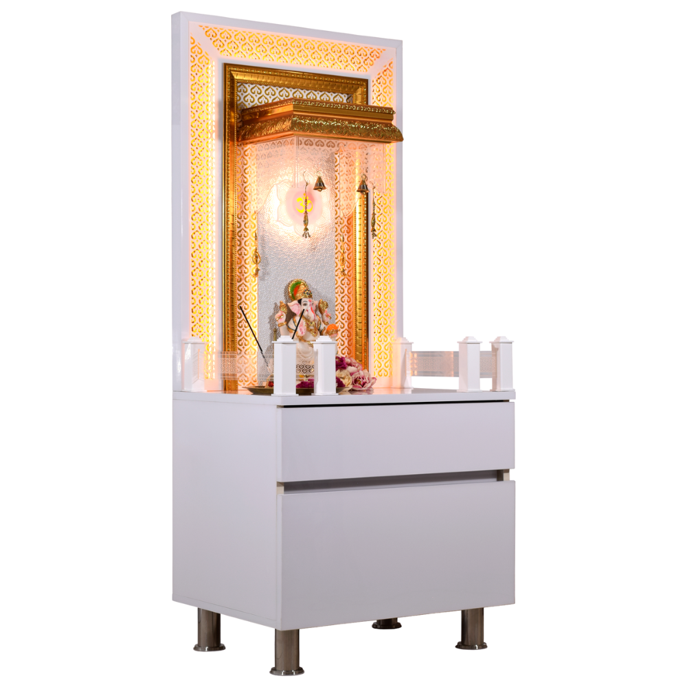 White Glossy Wooden Pooja Mandir for Flats Home with Storage and Lighting