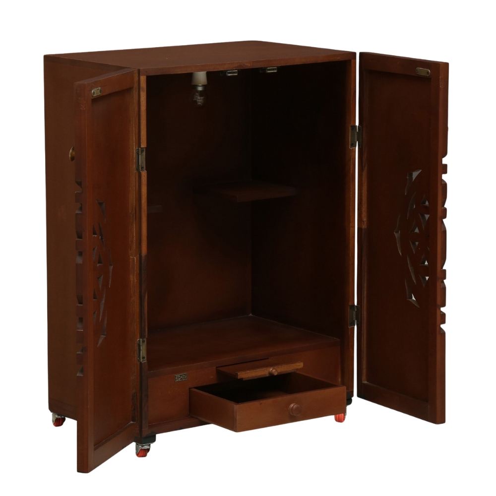 Brown MDF & Sheesham Wood Floor Rested Mandir With Door