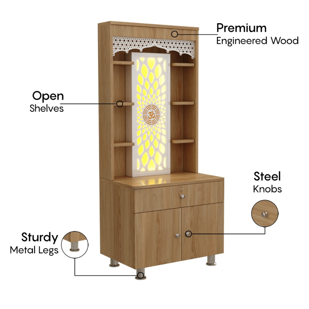 Vidyut Engineered Wood Home Temple With Inbuilt LED Light System (Classic Oak)
