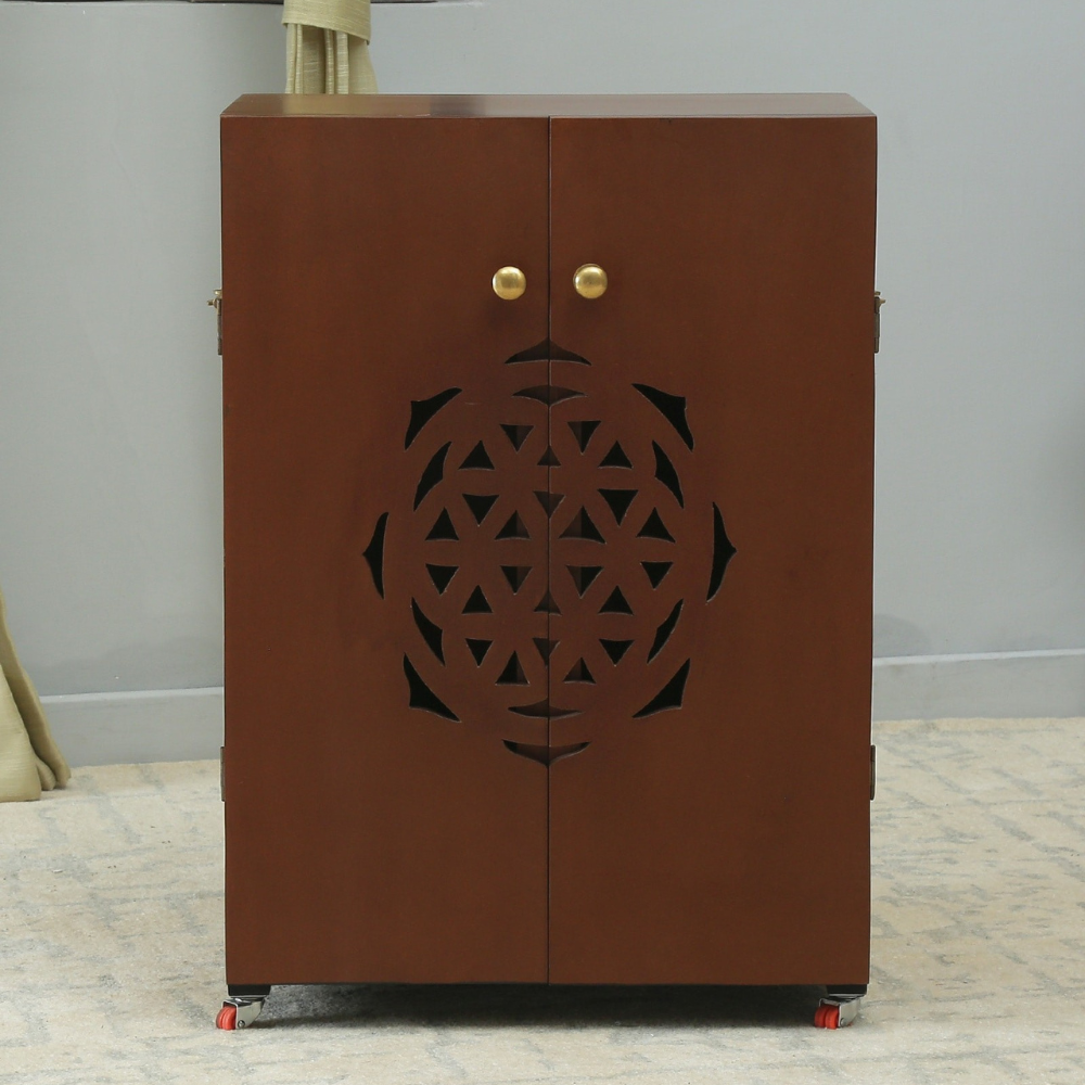 Brown MDF & Sheesham Wood Floor Rested Mandir With Door
