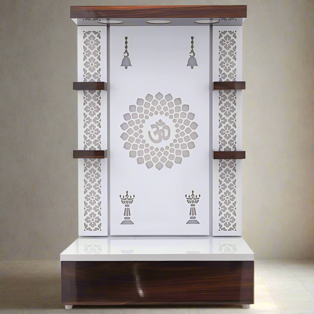 Pooja Mandir Wooden Temple White LED Light for Home and Office - Modern Pooja Mandir with Backlit Om Design, Wooden Accents, and Jaali Work for Home