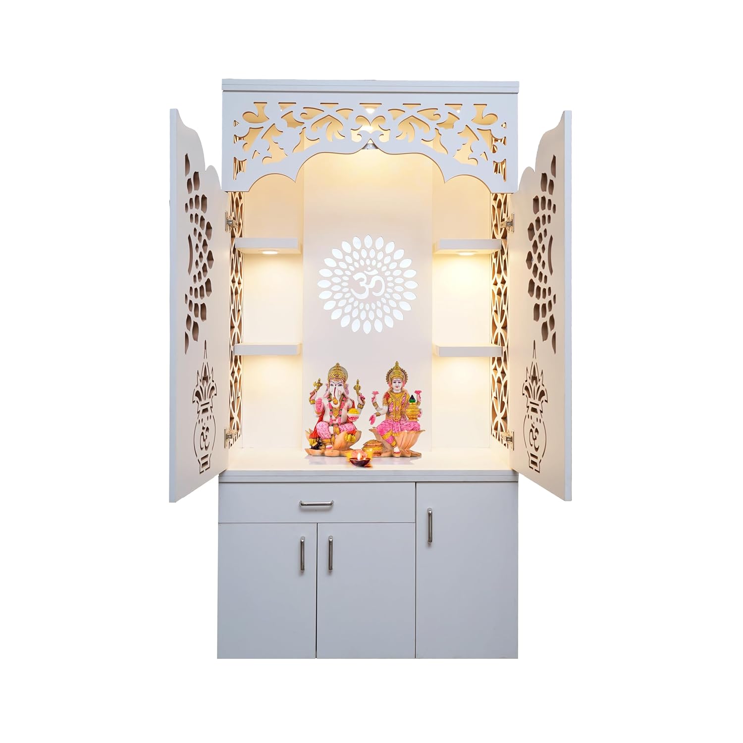 Big Mandir for Home and Office I Pooja Temple I Corian Design Temple I Ghar ka mandir I Puja Ghar I Pooja Decoration I Devghar (Frosty White with Doors)