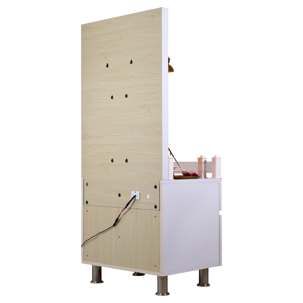 White Glossy Wooden Pooja Mandir for Flats Home with Storage and Lighting