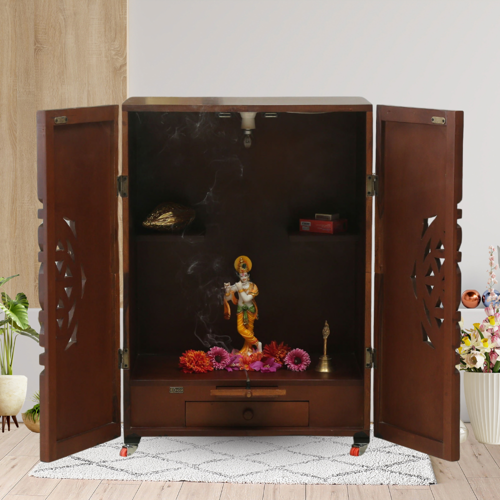 Brown MDF & Sheesham Wood Floor Rested Mandir With Door