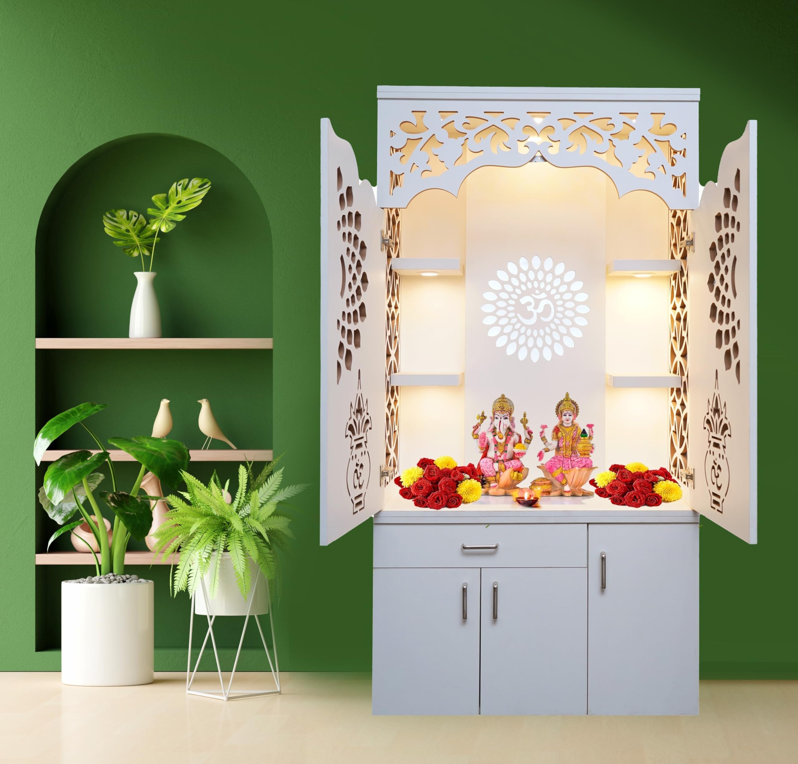 Big Mandir for Home and Office I Pooja Temple I Corian Design Temple I Ghar ka mandir I Puja Ghar I Pooja Decoration I Devghar (Frosty White with Doors)