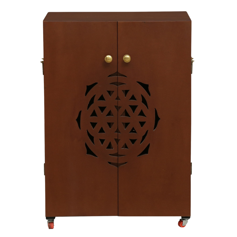 Brown MDF & Sheesham Wood Floor Rested Mandir With Door