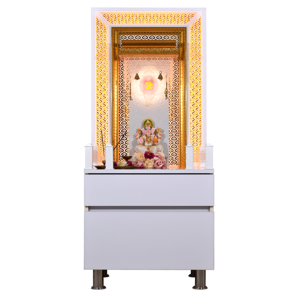 White Glossy Wooden Pooja Mandir for Flats Home with Storage and Lighting