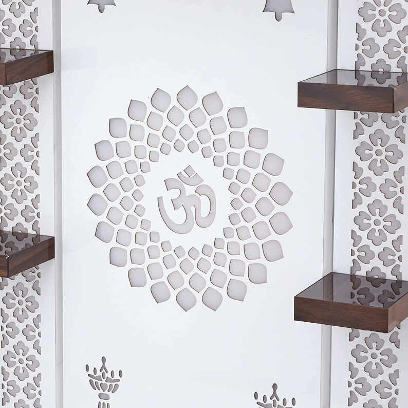 Pooja Mandir Wooden Temple White LED Light for Home and Office - Modern Pooja Mandir with Backlit Om Design, Wooden Accents, and Jaali Work for Home